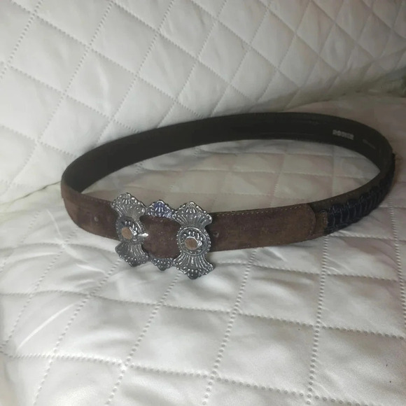 Vtg,Rodier Brown Suede/Leather Womans Belt with large Metal Buckle Size 34 1/2. - Picture 1 of 7